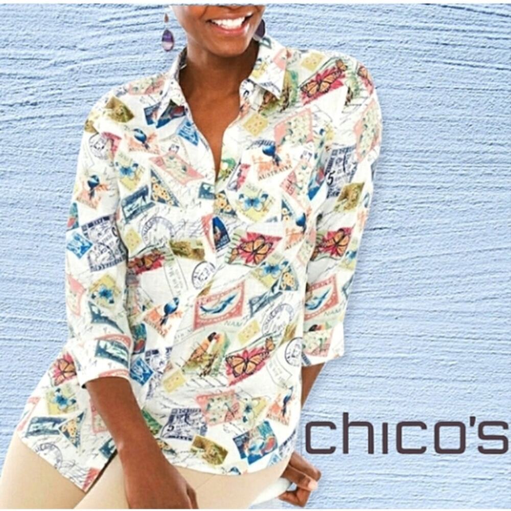 Chicos Women's Linen Postage Stamp 3/4 Sleeve Button-up Top Sz L (2) Travel